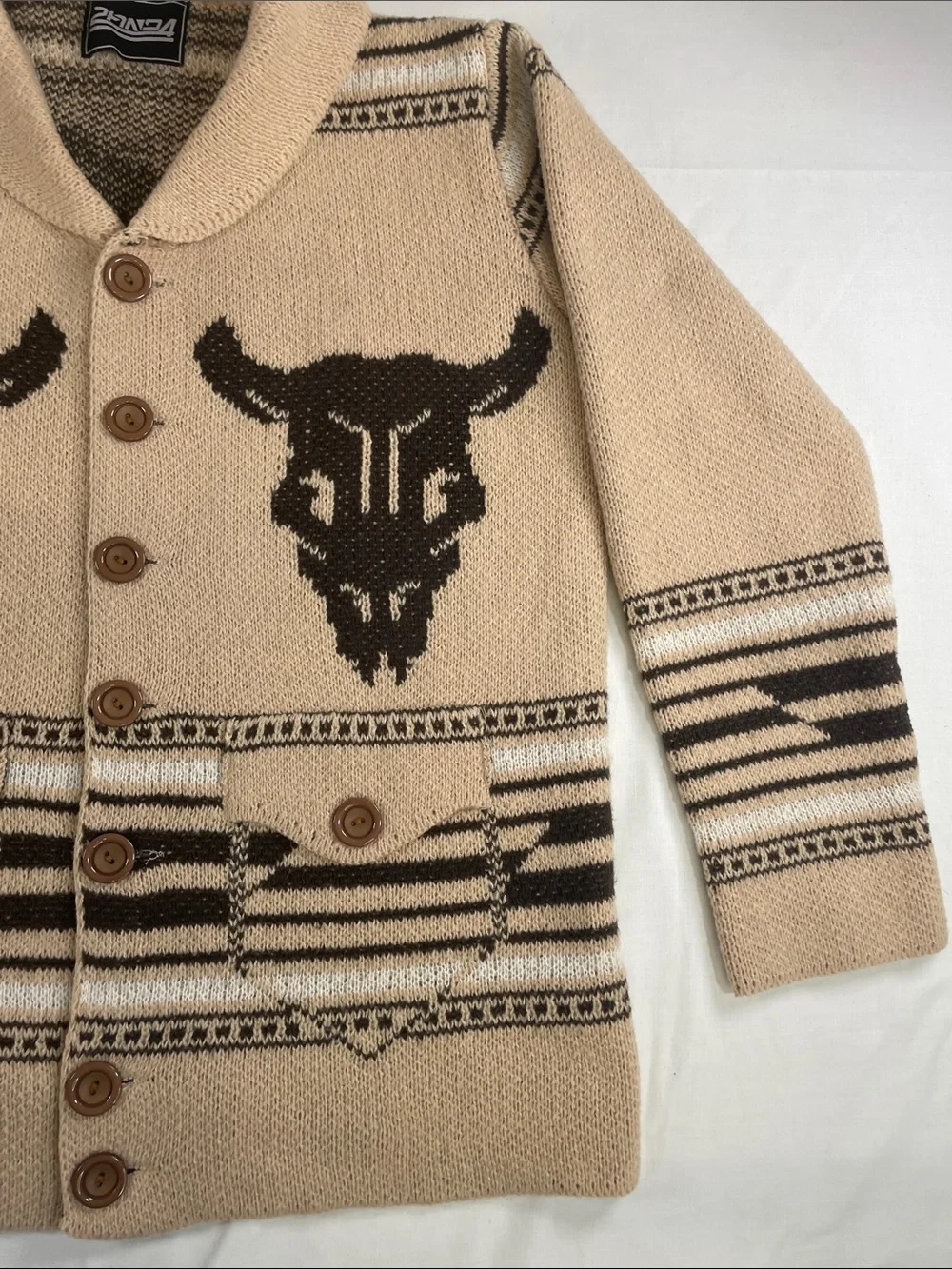 Western Shawl Collar Cardigan with Bull Skull Cowboy brown Large oversized